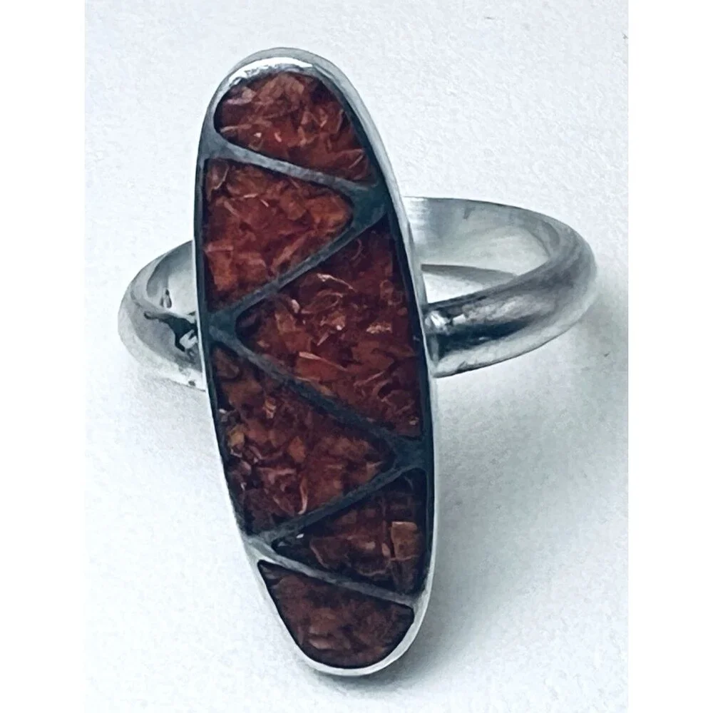 Sterling Silver Vintage Native Coral Inlay Ring Size 5, 4 Grams Total Weight